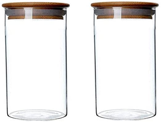 2 Piece Clear Glass Canister Food Storage Jar with Airtight Wood Lids Air Tight Storage Containers for Coffee Bean Loose Leaf Tea Containers Sugar Cookies Dry Fruit Nuts Candy Jars Size 350ML/11.7oz