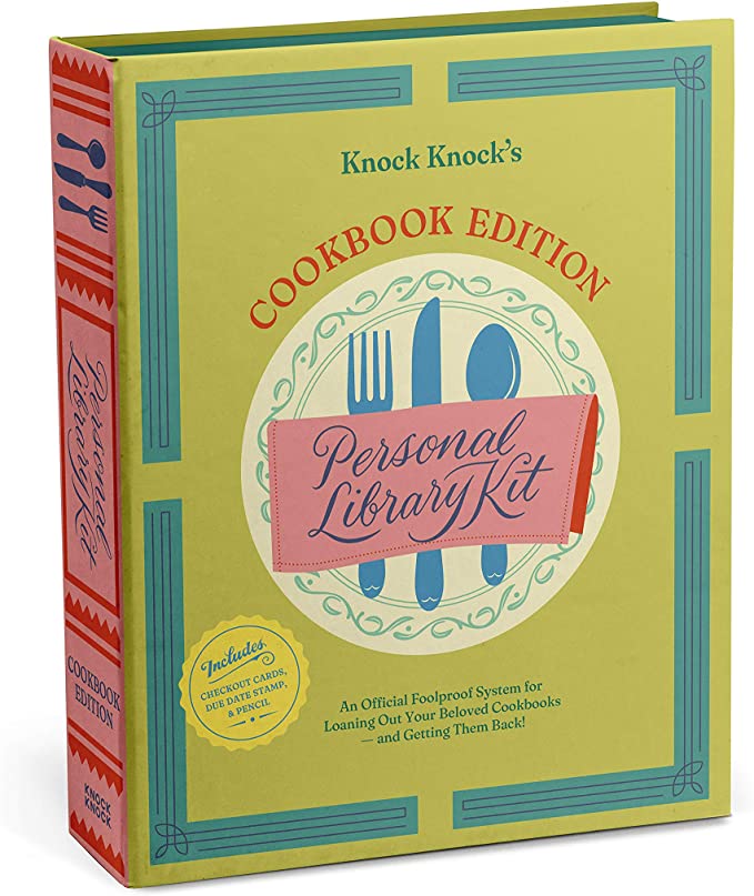 Knock Knock Cookbook Edition Personal Library Kit & Gift for Book Lovers - Card Catalog Checkout Cards, Bookplates, Date Stamp & Inkpad