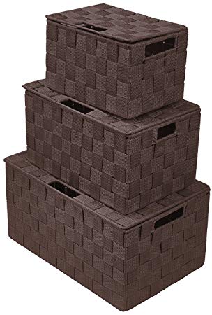 Sorbus Storage Box Woven Basket Bin Container Tote Cube Organizer Set Stackable Storage Basket Woven Strap Shelf Organizer Built-in Carry Handles (Chocolate)