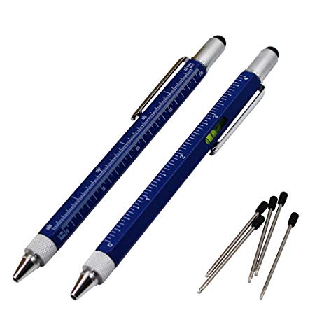 2PCS PACK 6 in 1 Screwdriver Tool Pen - Mini Multifunction Pen with Stylus, Flat and Phillips Screwdriver Bit, Bubble Level and inch cm Ruler all in one (Matte blue)