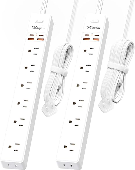 2 Pack Power Strip Surge Protector - 7 Outlets 4 USB Ports (2 USB C), Maxpw Ultra Thin Flat Extension Cord & Flat Plug, 10 Ft & 6 Ft, 1875W/15A, 1700 Joules, Wall Mount for Home Office Dorm, White