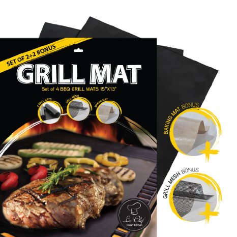 La-Chef BBQ Grill Mat-As Seen on TV- Grill Mats for Gas/Charcoal/Electric Grills- Set Of 4 -Reuseable-Leave Grill Marks&Flavor Intact-Lifetime Guarantee