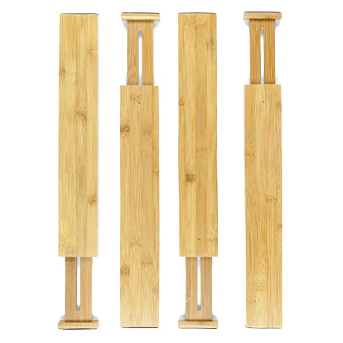 AmaGo Bamboo Spring-Loaded Adjustable & Expendable Drawer Dividers, for Kitchen, Bedroom, Baby Drawer, Bedroom, Office or Dresser