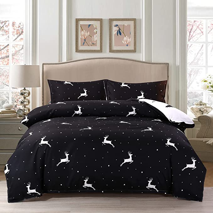 Mengersi Christmas Deer Cotton Blend Bed Pillowcase Duvet Cover Quilt Cover Set Black White Color (Queen)