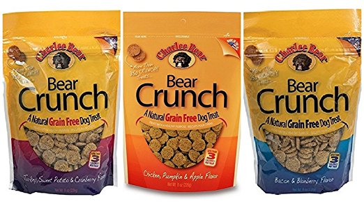 Charlee Bear Grain Free Bear Crunch Treats 3 Flavor Variety Bundle: (1) Bacon & Blueberry Flavor, (1) Chicken, Pumpkin & Apple Flavor, and (1) Turkey, Sweet Potato & Cranberry Flavor