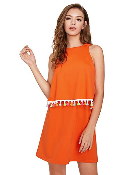 Romwe Womens Round Neck Tassel Trim Sleeveless Mini A-line Dress