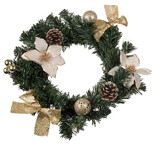 Christmas Wreath with White Poinsettia, Snow Covered Pine Cones, Gold Bows and Ornaments | Perfect for Interior or Exterior Christmas Decor | Hang on Doors, Walls, Stairs and More! | 10”x10”x3”