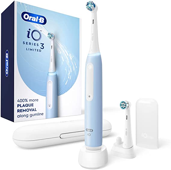 Oral-B Power iO Series 3 Limited Electric Toothbrush, Icy Blue, iO3 Rechargeable Power Toothbrush with 2 Brush Heads, Travel Case and Refill Holder