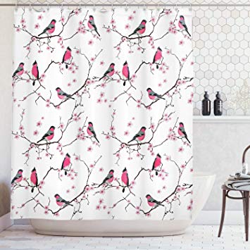 Ambesonne Asian Decor Collection, Bullfinches on the Sakura Branch Pattern Birds on Trees Tweeting Cherry Blooms Image, Polyester Fabric Bathroom Shower Curtain Set with Hooks, Magenta Pink