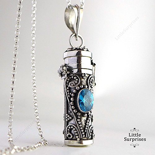 30mm Swiss Blue Topaz Tube Container Locket Sterling Silver Pendant 20" Chain Necklace LS92