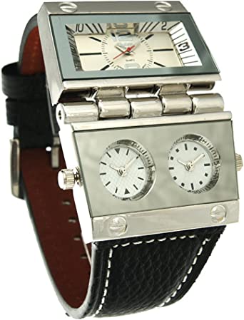 Oulm 9525 Mens Watch Analog Black Leather Strap 3 Sub-dials