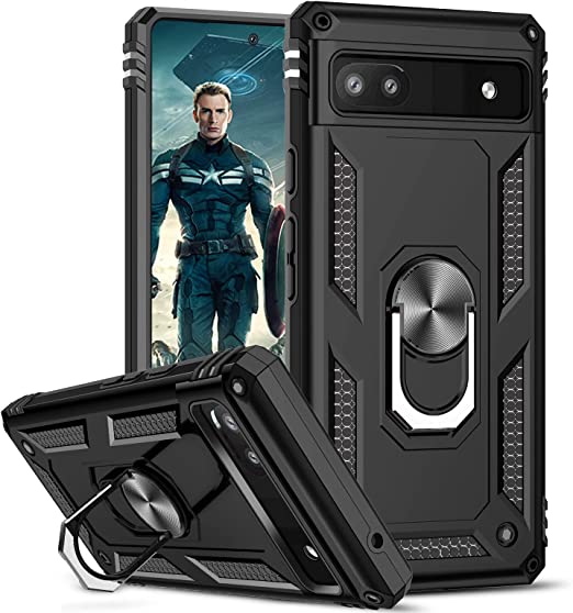 LeYi Rugged Case for Google Pixel 6A, Pixel 6A Phone Case with Ring Stand Holder Military Grade Protective Shockproof Mobile Phone Cover Black