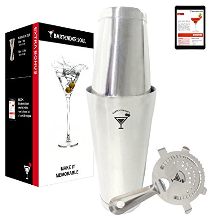 Professional Boston Shaker with Hawthorne Strainer by BARTENDER SOUL - 18 & 28oz Double Flair Weighted Set - Precision Design 18/8 304 Real Quality Steel of 0.7mm Thickness - Cocktail Martini Bar Kit