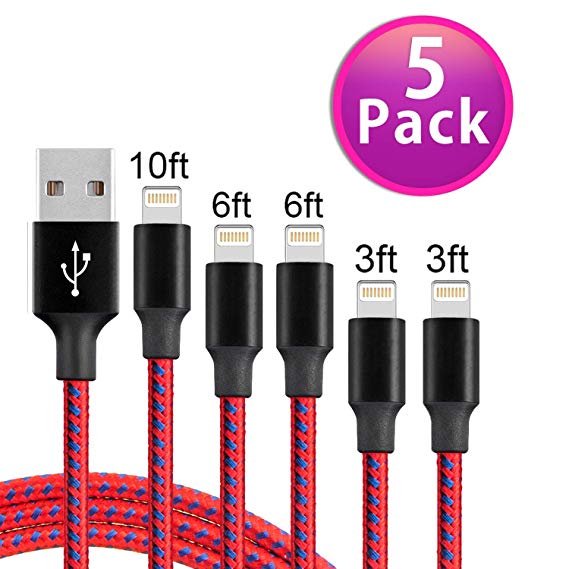 IEXUS Charger Cable USB Syncing Nylon Braided Charger Cable 5Pack 3FT 3FT 6FT 6FT 10FT Compatible Phone X 8 8 Plus 7 7 Plus 6s 6s Plus (Red and Blue)