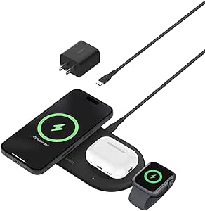 Belkin BoostCharge Pro 3-in-1 MagSafe-Compatible Wireless Charging Pad with Qi2 15W, Fast Charging iPhone Charger, Compatible with iPhone 16, 15, and 14 Series, AirPods, Apple Watch, & More - Black