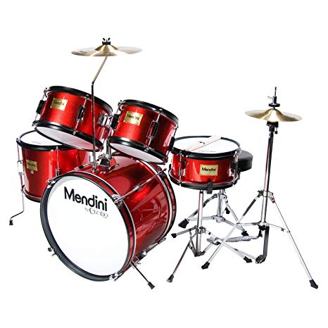 Mendini by Cecilio 16 inch 5-Piece Complete Kids / Junior Drum Set with Adjustable Throne, Cymbal, Pedal & Drumsticks, Metallic Bright Red, MJDS-5-BR