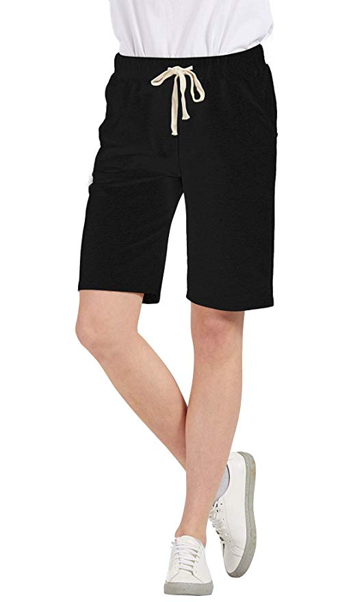 Chartou Women's Comfy French Terry Elastic Wasit Knit Jersey Bermuda Shorts with Drawstring