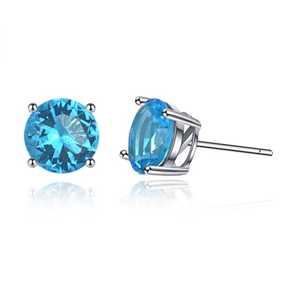Sterling Silver Solitaire Stud Earrings Cubic Zirconia Simulated Birthstone CZ Earrings 12 Months Gifts 6MM