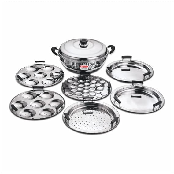 Kitchen Essentials-Stainless Steel Induction Bottom Multi Kadai with 6 Plates (2 Idli Plates,2 Dhokla Plates,1Patra Plate,1 Mini idli Plate) - KE-FG002362
