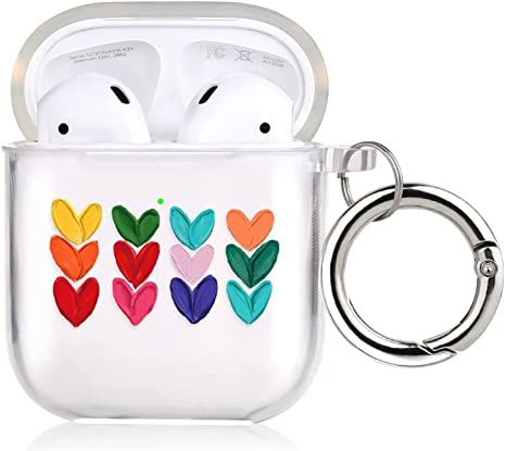 LSL Compatible with AirPods 1&2 Case Clear Cute Colorful Love Heart Soft Silicon Flexible Skin Protective Shockproof Cover with Wrist Lanyard for AirPod 2nd Generation Charging Case for Women Girls