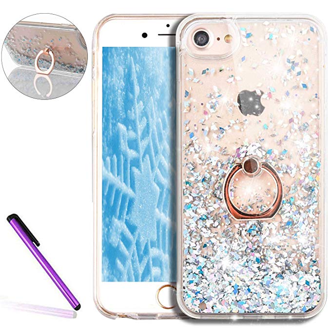 5S Case,iPhone 5 Gilitter Cover,LEECOCO iPhone SE Case Liquid Glitter Clear Hard Back TPU Frame with 360 Degree Rotating Ring Grip Kickstand Holder for iPhone 5 / 5S / SE [Ring Diamonds] Silver