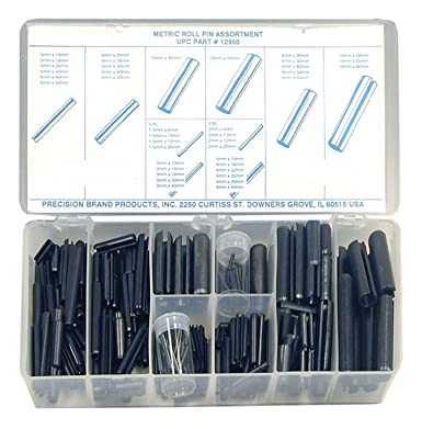 Precision Brand 12960 287 Piece Metric Roll Pin Assortment Cold Rolled Spring Steel Chamfered Ends Plastic Compartment Box