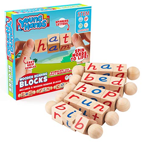 Wooden Reading Blocks | [5] Sets of Fun, Educational Spinning Alphabet Manipulative Blocks for Children w/ Easy-Grip Handles | STEM & Montessori Approved Toy for Pre-Kindergarten Boys & Girls Gift