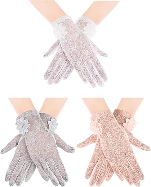 Skylety 3 Pairs Women Lace Gloves Dress Gloves Floral Lace Gloves for Tea Party Wedding Dinner