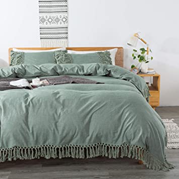 Softta Boho Tassel Queen Bedding Set Green Fringed Vintage and Farmhouse Duvet Cover Set 100% Washed Cotton with Zipper Clouser