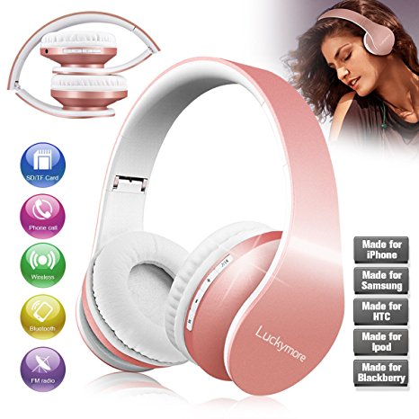 Wireless Headphones, Bluetooth Headphones Over Ear Foldable Headphones with Mic Stereo Headset Rose Gold Bluetooth Headsets for Girl Women Wired&Wireless Mode for TV Computer iPhone Cell Phone