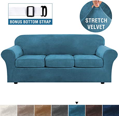 Modern Velvet Plush 4 Piece High Stretch Sofa Slipcover Strap Sofa Cover Furniture Protector Form Fit Luxury Thick Velvet Sofa Cover for 3 Cushion Couch, Machine Washable(Sofa,Peacock Blue)