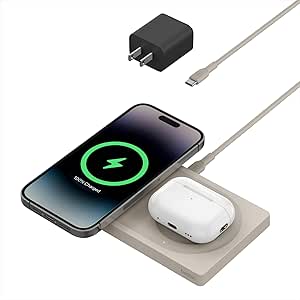 Belkin BoostCharge Pro 2-in-1 Wireless Charging Pad with MagSafe 15W, Fast Charging iPhone Charger Compatible with iPhone 15, 14, 13, and 12 Series, AirPods, and Other MagSafe Enabled Devices - Sand