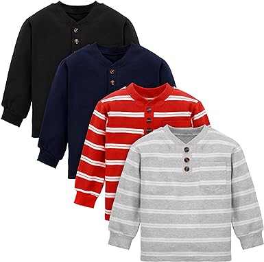 Cooraby 4 Packs Toddler Long Sleeve Shirt Boy Striped Tee Shirt with Pocket Soft Cotton T-Shirt