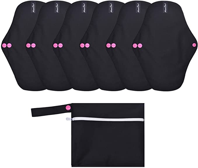 ANEERCARE Reusable Menstrual Pads, Cloth Mats, Washable, Microfiber Absorbent Surfaces, Super Absorbent (6 Black Pads   1 Small Bag   1 Gift)
