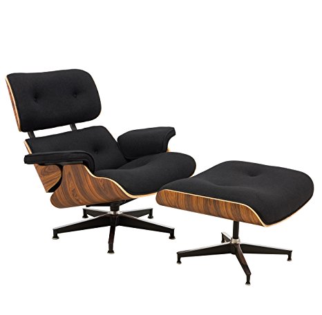 LeisureMod Modern Classic Plywood Zane Lounge Chair & Ottoman with Palisander Wood (Black Wool)