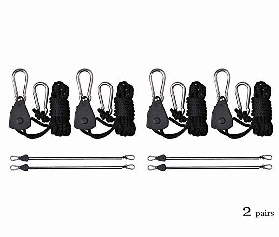 GreenHouser 1/8 inch 6 Feet Heavy Duty Rope Hangers,Grow Light Fixture Adjustable Suspension Metal Internal Gears Fixture Ratchet Hangers,Metal Hook-150lbs Weight Capacity Per Pair (2 Pairs)