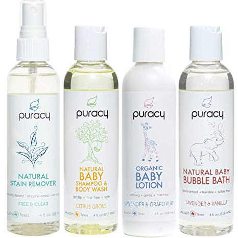 Puracy Organic Baby Care Gift Set, Travel Size Natural Lotion, Shampoo, Bubble Bath, Stain Remover