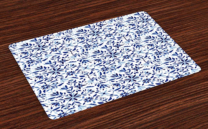 Ambesonne Indigo Place Mats Set of 4, Asian Modern Minimalist Spring Time Flowers Swirls Leaves Image, Washable Fabric Placemats for Dining Room Kitchen Table Decor, Pale Blue Navy Blue and White