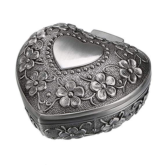 Hipiwe Vintage Heart Shape Jewelry Box - Small Antique Ring/Earrings/Necklace Storage Organizer Case, Metal Treasure Chest Trinket Keepsake Gift Box for Women and Girls