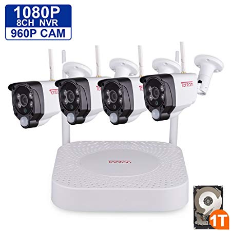 Tonton 8CH Wireless Security Camera System, 1080P WIFI NVR Recorder with 1TB Hard Drive and (4) 1.3MP 960P Waterproof Bullet Cameras with Audio Recording, PIR Sensor and Smart Motion Detection