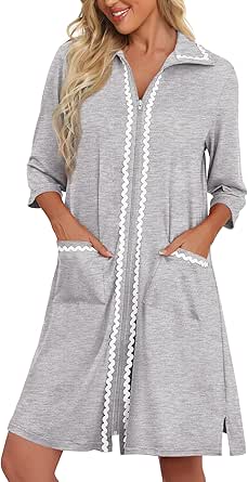 Ekouaer Women Zipper Robe Lightweight House Coat Zipper Front Short Bathrobes Soft Nightgown with Pockets S-3XL