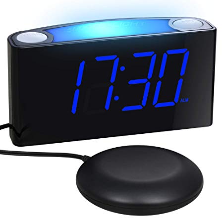 Loud Alarm Clock with Bed Shaker for Heavy Sleepers, the Deaf, Elders, Kids, Bedroom, Home, Kitchen - Large Display, Full Dimmer, 7-Color Night Light, USB Chargers, Dual Alarm, 12/24 H, Battery Backup