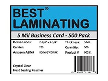 Best Laminating® - 5 Mil Business Card Therm. Laminating Pouches - 2-1/4 x 3-3/4 - 500 Pack