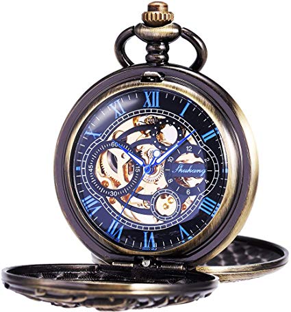 ManChDa Mens Antique Skeleton Mechanical Pocket Watch Dragon Hollow Hunter with Chain and Gift Box