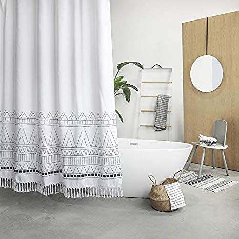 YoKii Fabeic Stall Shower Curtain with Tassels, 36 Inch Boho Chevron Striped Single Bathroom Shower Curtains Set (36 x 72, Nordic Chic)