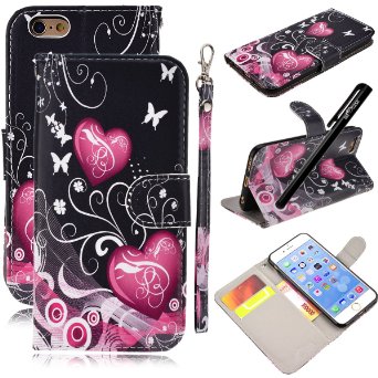 iPhone 6S Case, iPhone 6 Case, We Love Case PU Leather Folio Cover Color Print with Wallet Function / Kickstand / Wrist Strap Design / Credit Card Holder * One Stylus Pen - Heart