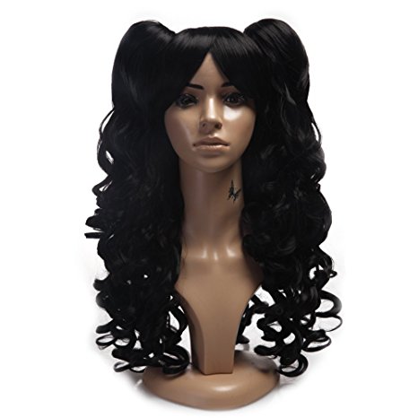 Netgo Black Cosplay Wigs for Women Long Curly Harajuku Lolita Wigs 2 Clip-On Tails Heat Resistant Pigtail Wigs