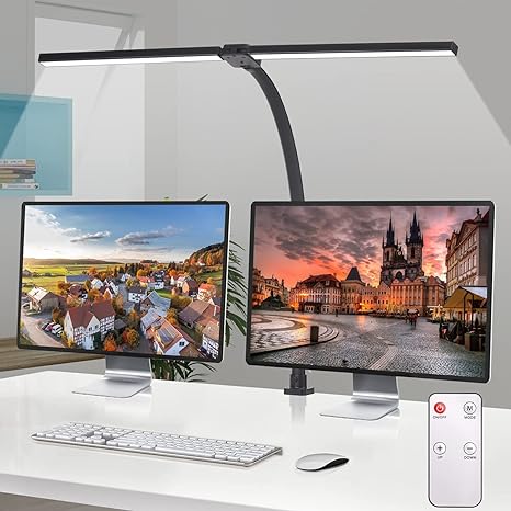 LED Desk Lamp with Remote Control ＆ 32.5" Wide Double Head, Architect Desk Lamp for Home Office with Clamp, Timer, 24W Ultra Bright Gooseneck Desk lamp for Computer Reading, Black (Black)