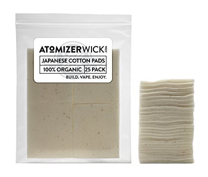 Genuine AtomizerWick 100% Japanese Grown Organic Cotton Pads: 10, 25, 50 and 100 packs (25 piece)