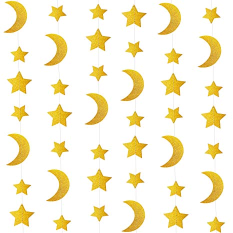24ft Glitter Gold Twinkle Stars Crescent Paper Garlands Hanging Decorations Honey Moon Wedding Engagement Favors Baby Shower Birthday Christmas Party Table Centerpieces Decorations